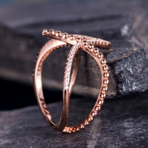 Bride Wedding/Women Beach Party Vintage Rose Gold Cross Crystal Ring, VIP296 - Picture 3 of 5